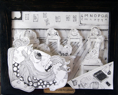 la maîtresse pète les plombs,  encre de chine sur papier marouflé sur bois, en relief 31X39 cm
